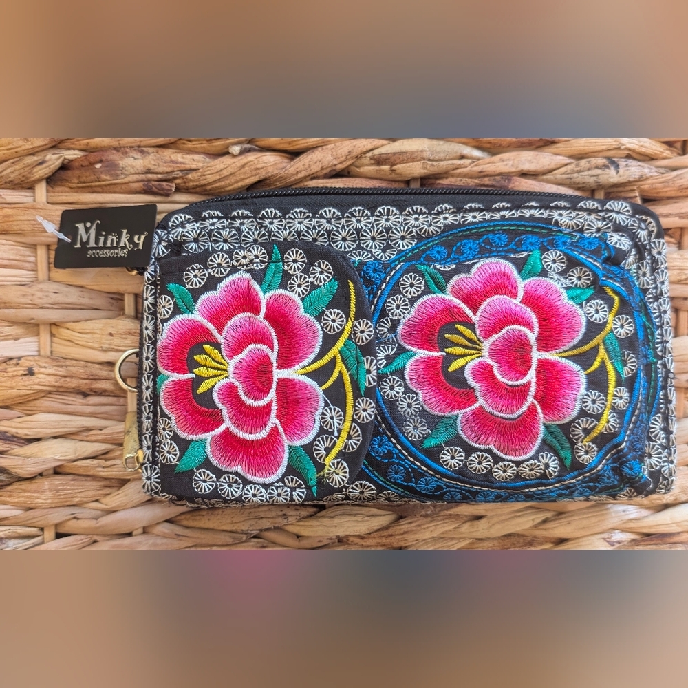 MINKY Lotus Floral Embroidered Women's Wallet with Cell Phone Holder NWT